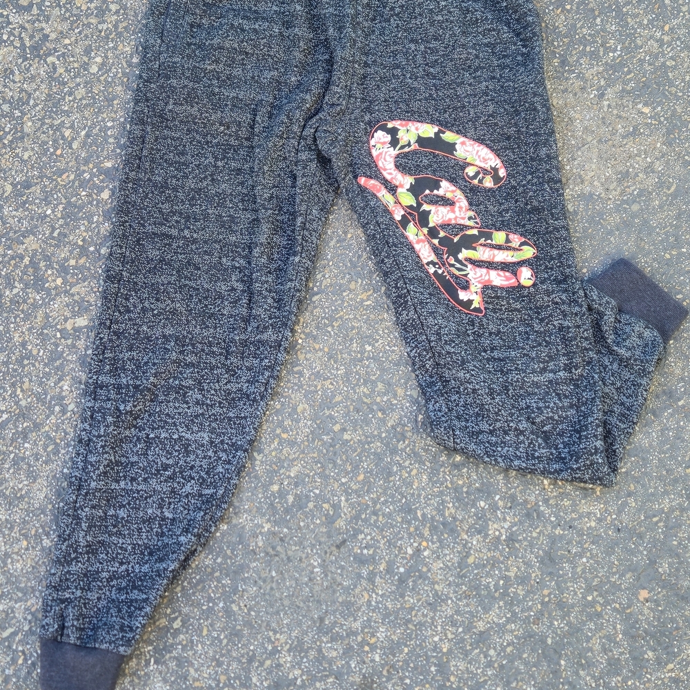 Womens Black Heather Jogger Pants with Floral Script Accent